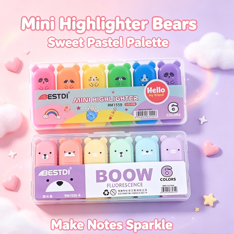 Pastel Highlighter Set Double Ended - Kawaii Bear markeerstiftenset, schattige schrijfwaren, snoepkleuren,