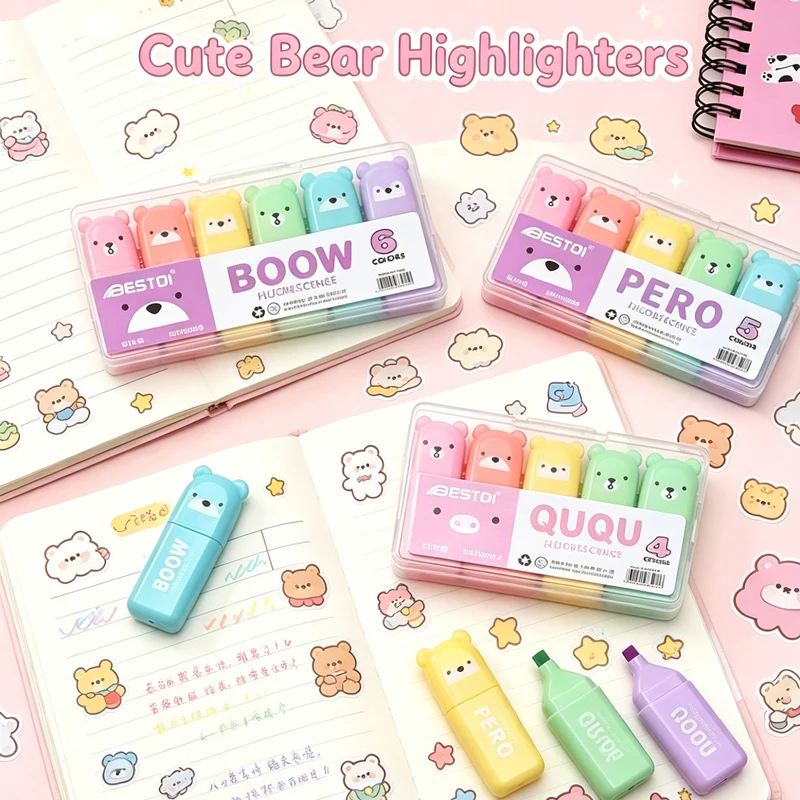 Kawaii Bear markeerstiftenset, - Pastel Highlighter Set Double Ended recensie en prijs